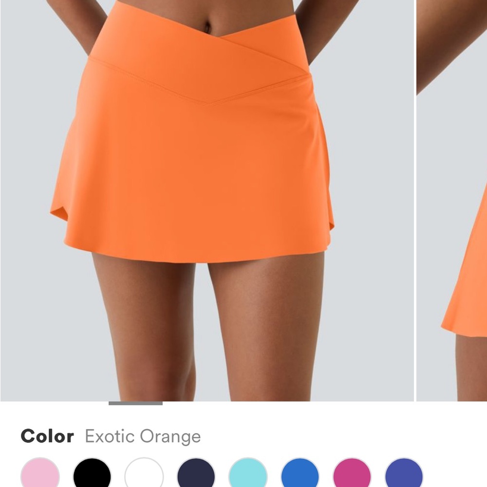 Halara crossover skirt with shorts under in the color exotic orange
